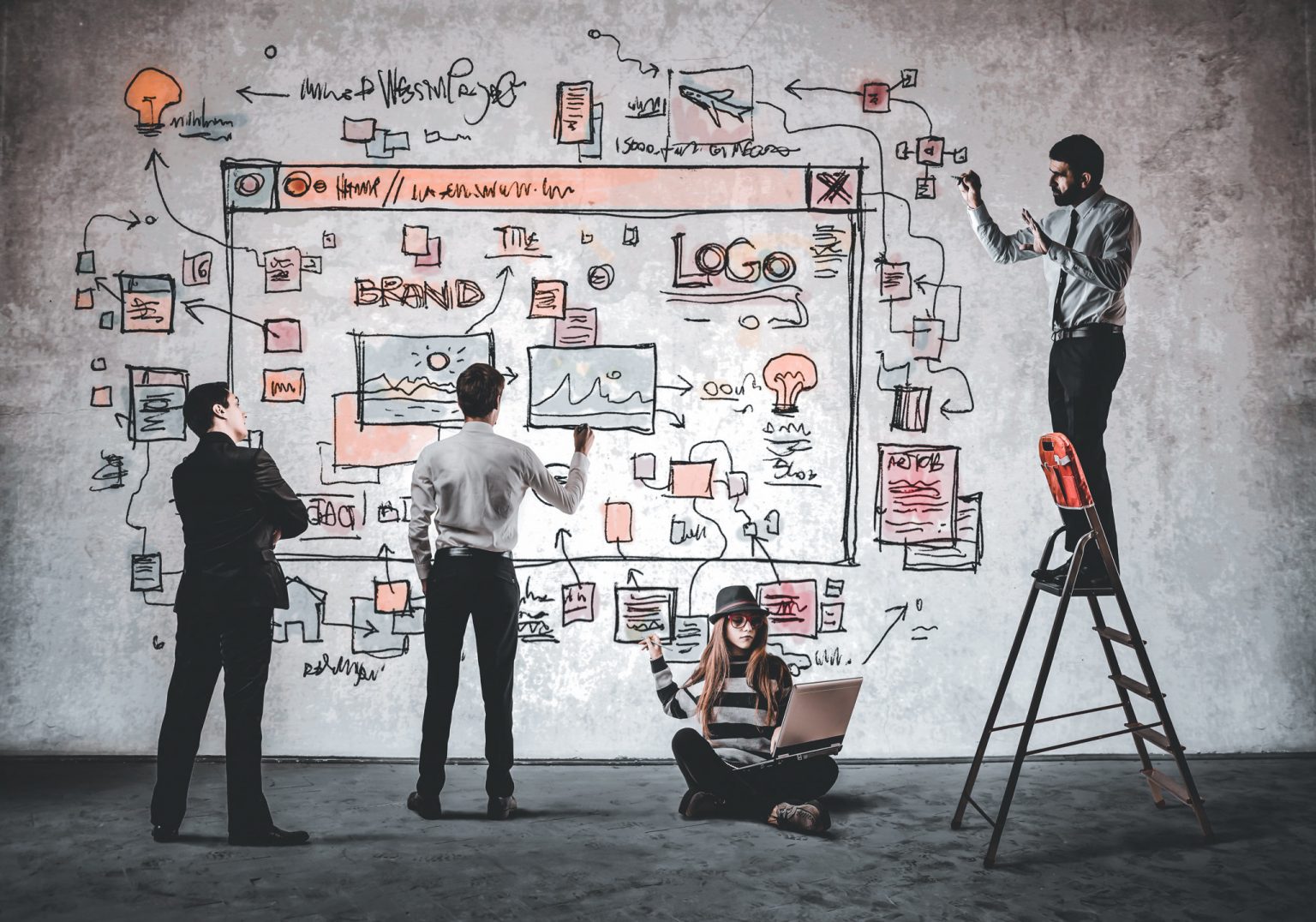 Et team som jobber med oppbygging av en nettside